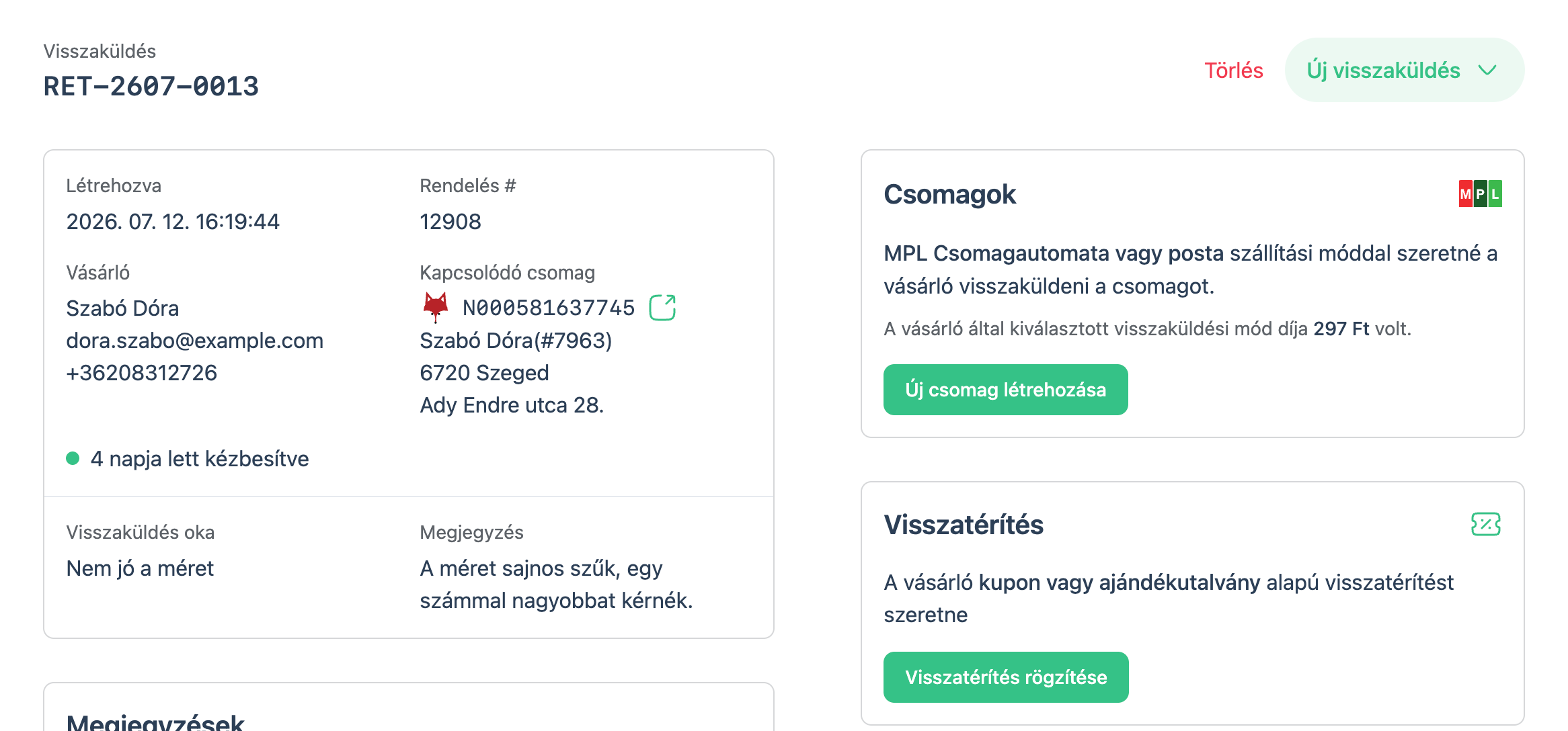Visszaküldés kezelőfelület